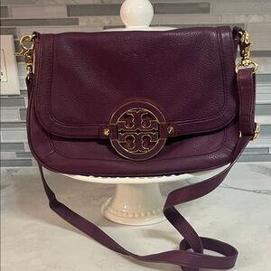 Tory Burch Plum Leather Flap Crossbody with Gold Logo